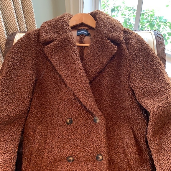 BOOHOO BONDED DOUBLE BREASTED FAUX FUR TEDDY COAT IN CHOCOLATE SIZE 6 - Picture 7 of 16